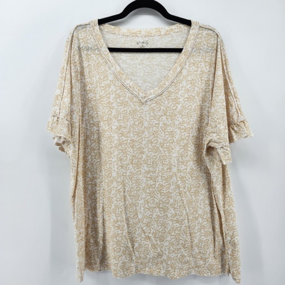 Wonderly Women's XL V Neck Ruffle Sleeve Beige Cream Floral Print Top Blouse